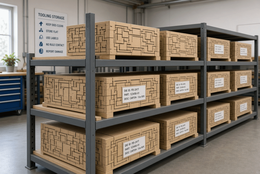 Folding-carton blanks displaying incomplete cut edges, cracked coating along creases and board crushing from die wear or setup issues