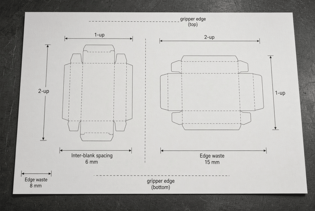 Side-by-side folding carton flat-blank layouts demonstrating how sheet orientation and gripper margin affect number of ups and waste on an automatic die cutter