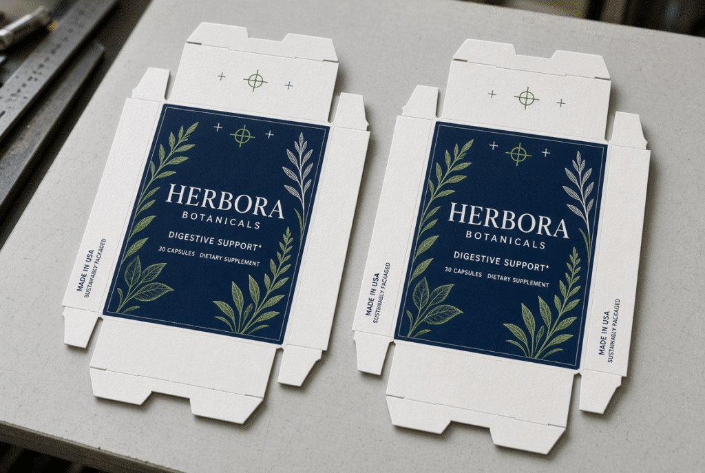 Printed folding carton blanks inspected for die-cutting registration marks, crease lines and cut accuracy