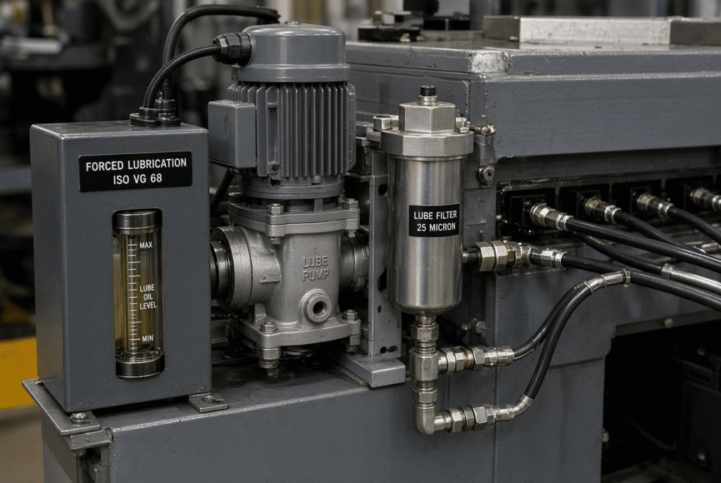 Close-up of oil reservoir with sight glass, electric pump, filter housing and distribution lines on a platen die cutter base