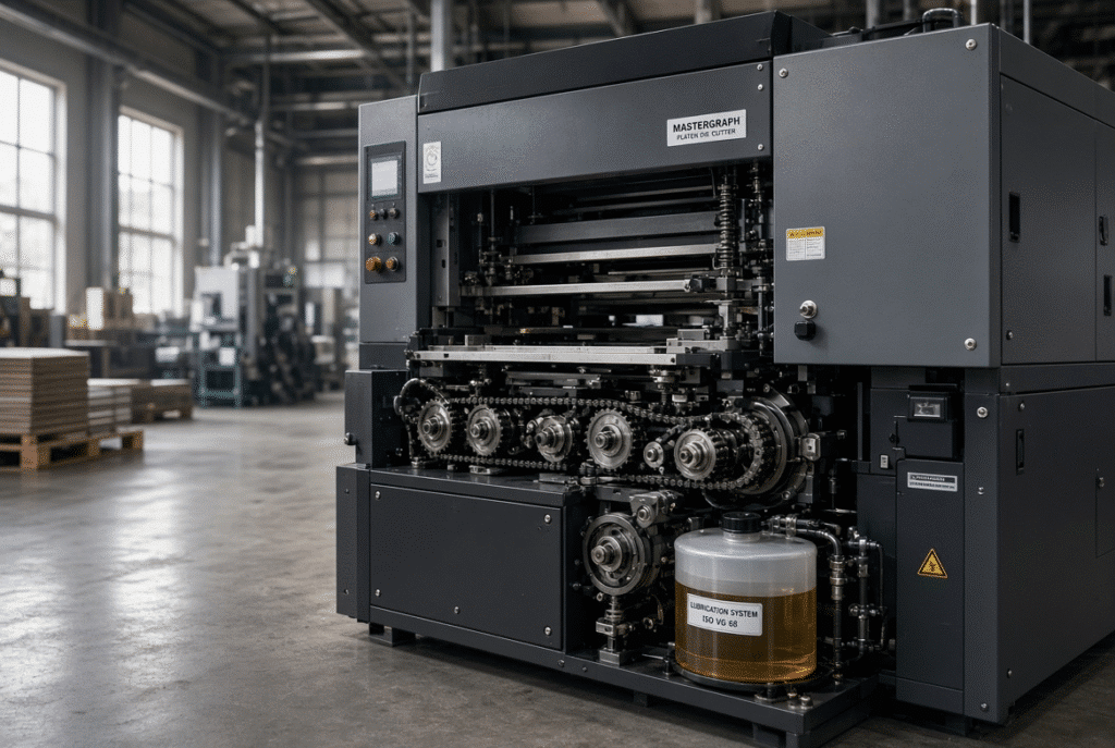 Platen die cutting machine in packaging plant highlighting the forced lubrication reservoir and transmission area that protects critical moving components