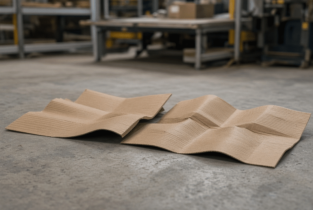 Corrugated sheets showing bow warp, twist, wavy surface, and edge curl on an inspection table in a packaging plant