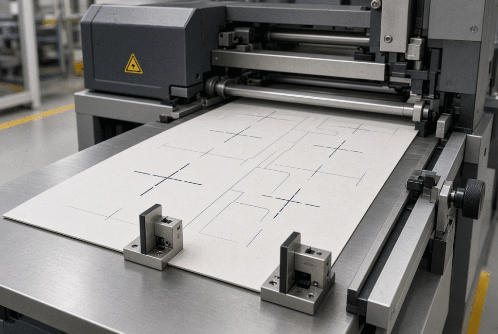 Paperboard sheet positioned by front and side gauges in the registration area of an automatic platen die-cutting machine, showing print-to-die alignment control