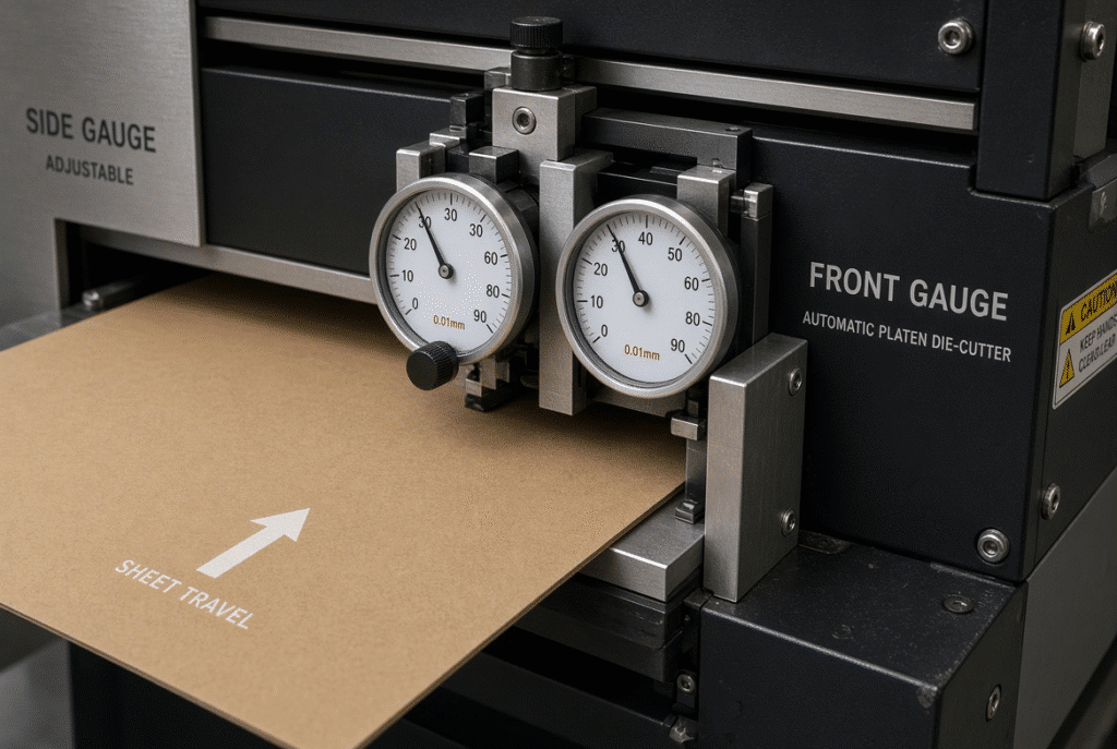 Close-up of front and side gauges contacting paperboard sheet edges for registration control before platen cycle