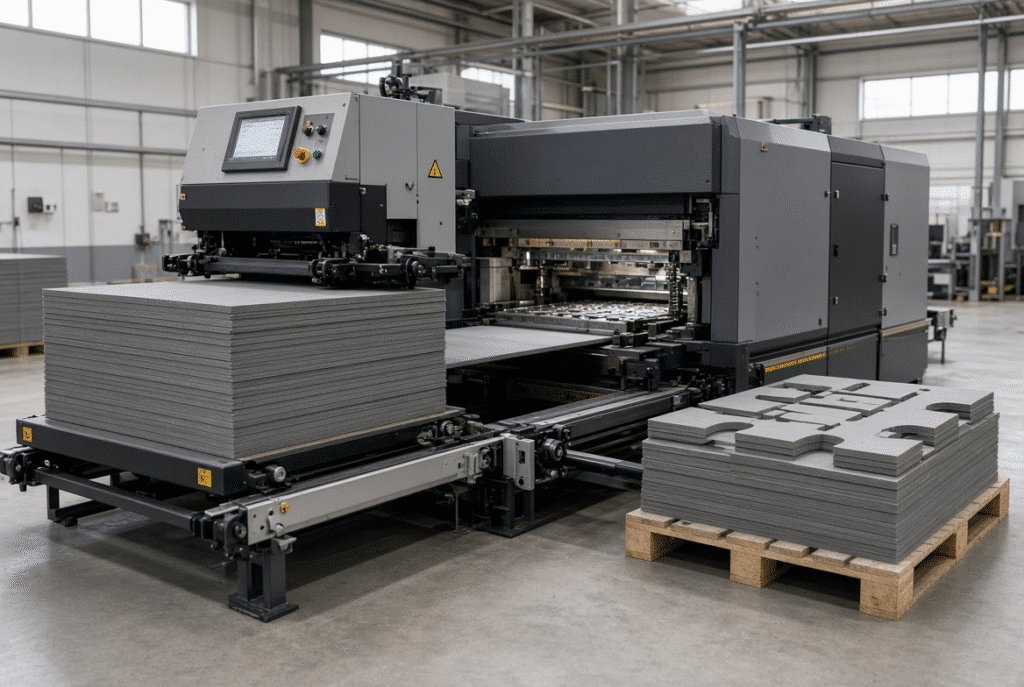 Dense grey board sheets fed into a sheet-fed flatbed die-cutting machine with finished rigid-board blanks visible, illustrating material properties and production process