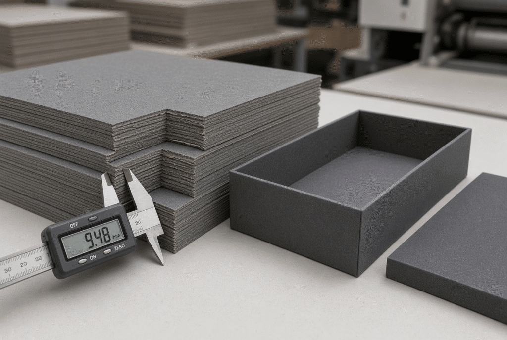 Dense grey board sheets with cross-section view, caliper measurement and finished rigid-box and book-cover blanks on a workbench