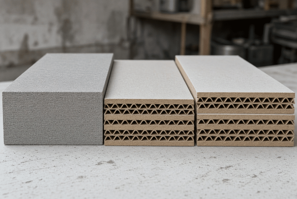 Side-by-side cross-sections of dense grey board and single-wall plus double-wall corrugated board showing liners, fluting and thickness differences on a work surface