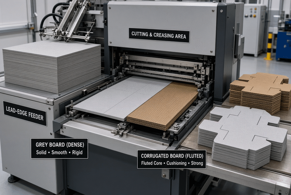 Grey board and corrugated board being compared and processed on a lead-edge feeding flatbed die cutting machine in an industrial packaging production setting