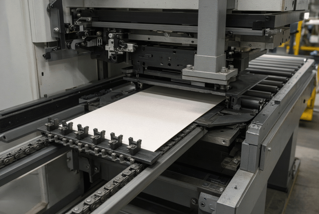 Close view of gripper bars holding a paperboard sheet on the transport chain inside a flatbed die cutter, illustrating the intermittent sheet-transfer path