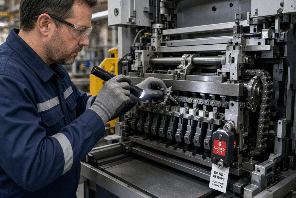 Close view of gripper bar teeth and transport chain on a platen die cutting machine illustrating the sheet-holding and drive components