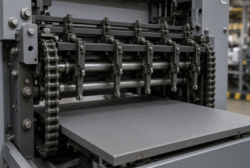 Close-up of gripper bars, chains and transport components on a platen die cutting machine during scheduled weekly wear inspection