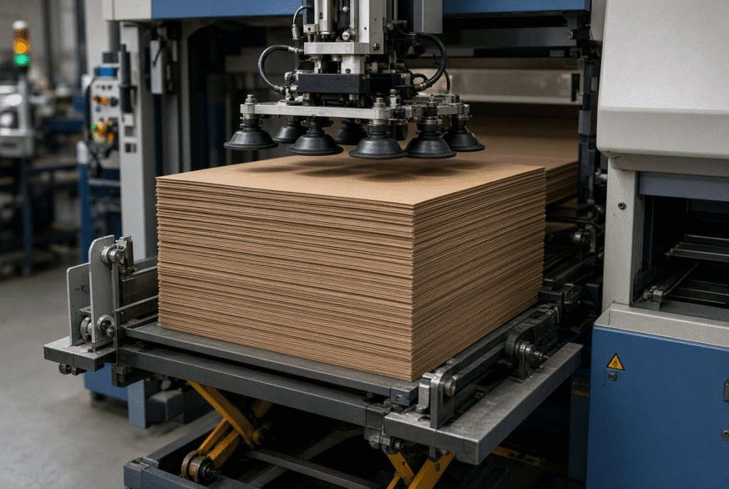 High-pile feeder supplying paperboard sheets to an automatic platen die-cutting machine with visible pile-lifting mechanism and feeder head