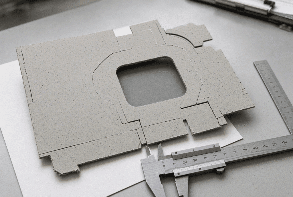 Grey board die-cut sample under inspection showing complete cuts, edge condition and pressure distribution