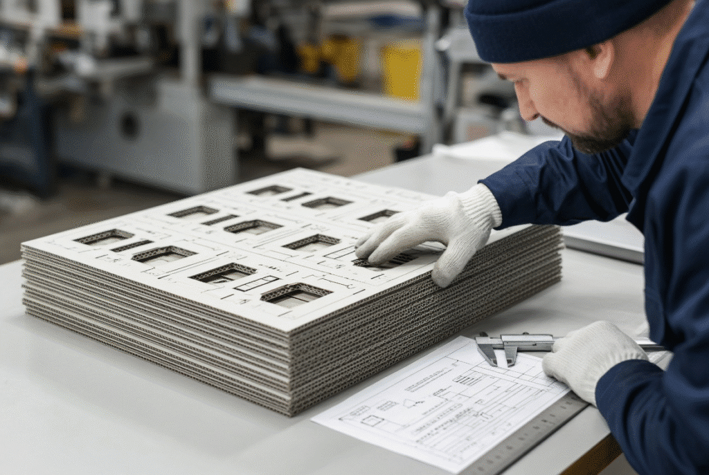 Operator examining printed face, corrugated edge, and die layout of laminated corrugated sheets prior to flatbed die cutter setup