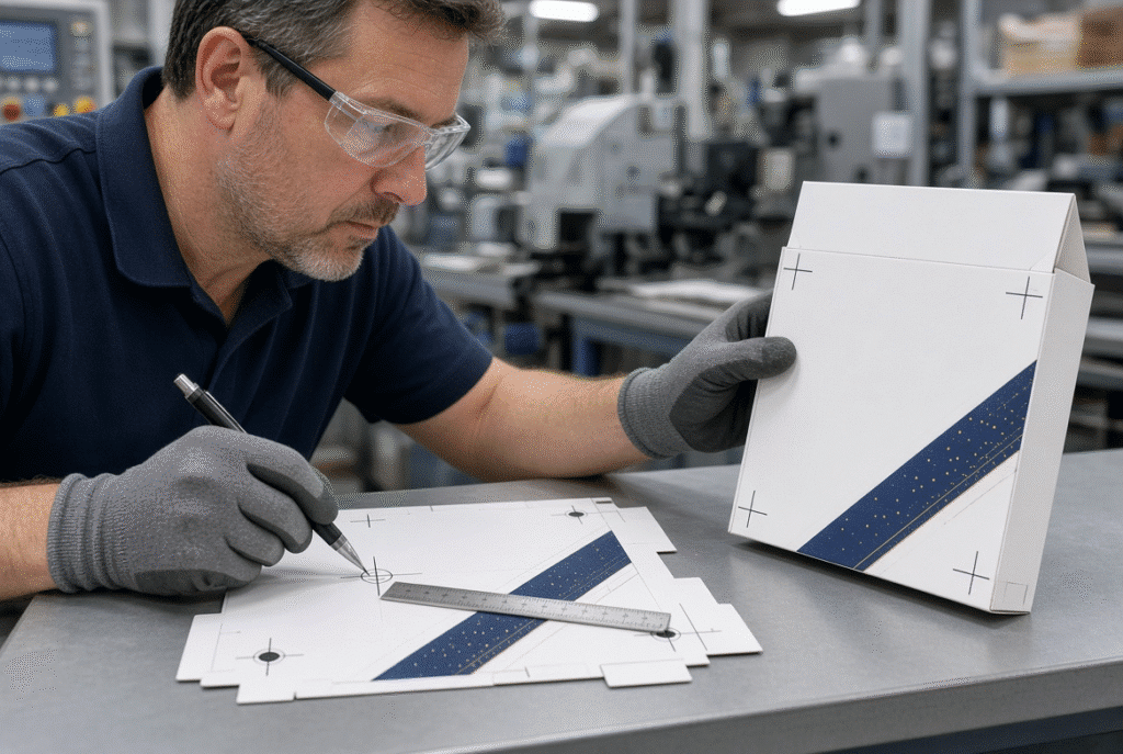 Operator checking registration marks on a die-cut blank and verifying panel alignment on a folded folding-carton sample