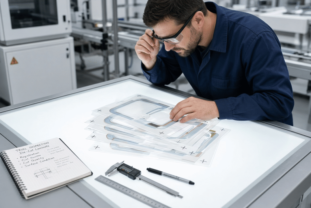 Quality-control operator checking print-to-die registration marks and surface condition on trial die-cut laminated sheets