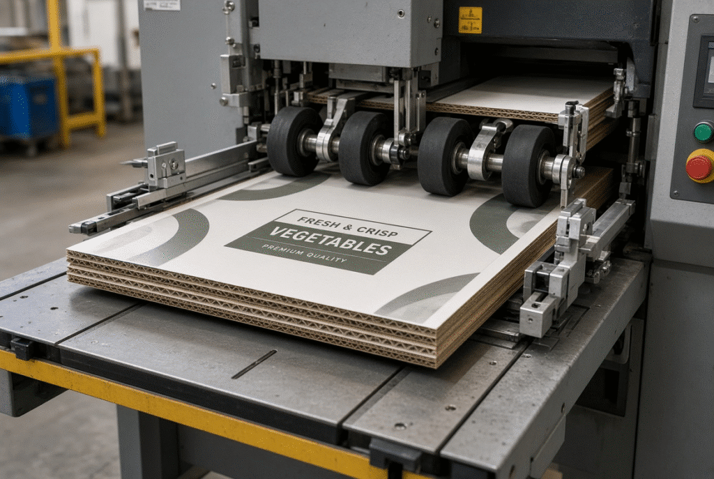 Printed laminated corrugated board entering a lead-edge feeder with feed wheels, guides and support table visible