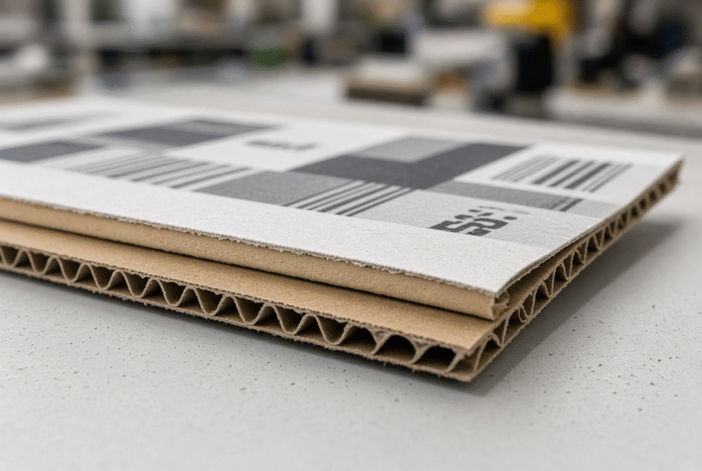 Cross-section of laminated corrugated board showing printed face sheet, adhesive layer, liners and flute structure on an inspection table