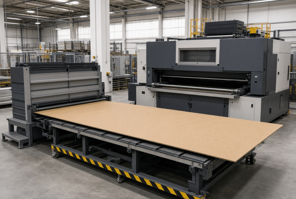 Large-format industrial flatbed die cutting machine processing oversized paperboard or corrugated sheets in a packaging production environment