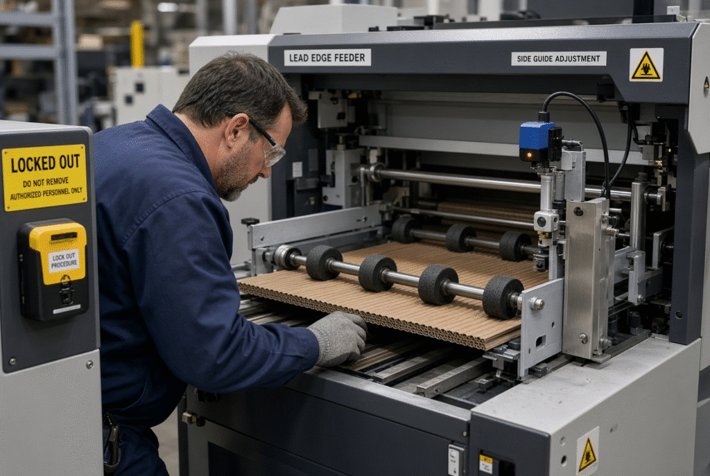 Technician performing safe maintenance inspection of feed wheels, sensors and guides on a stopped lead edge feeder used for corrugated board on a flatbed die cutting machine