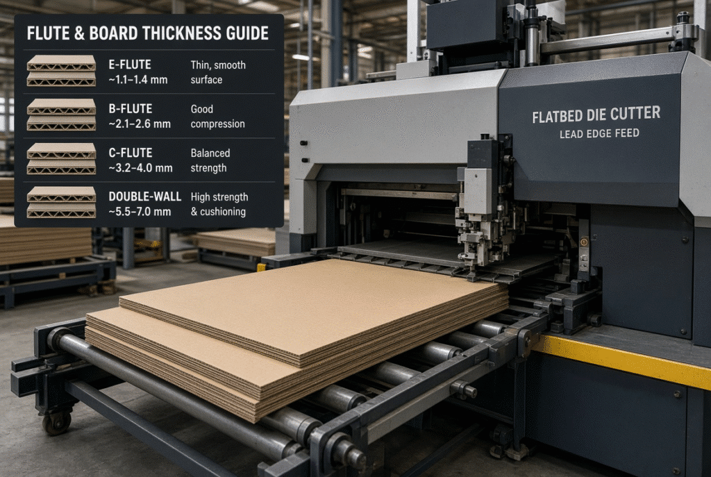 Lead edge feeding flatbed die cutting machine handling E-flute, B-flute, C-flute, and double-wall corrugated board with visible thickness differences and sheet support