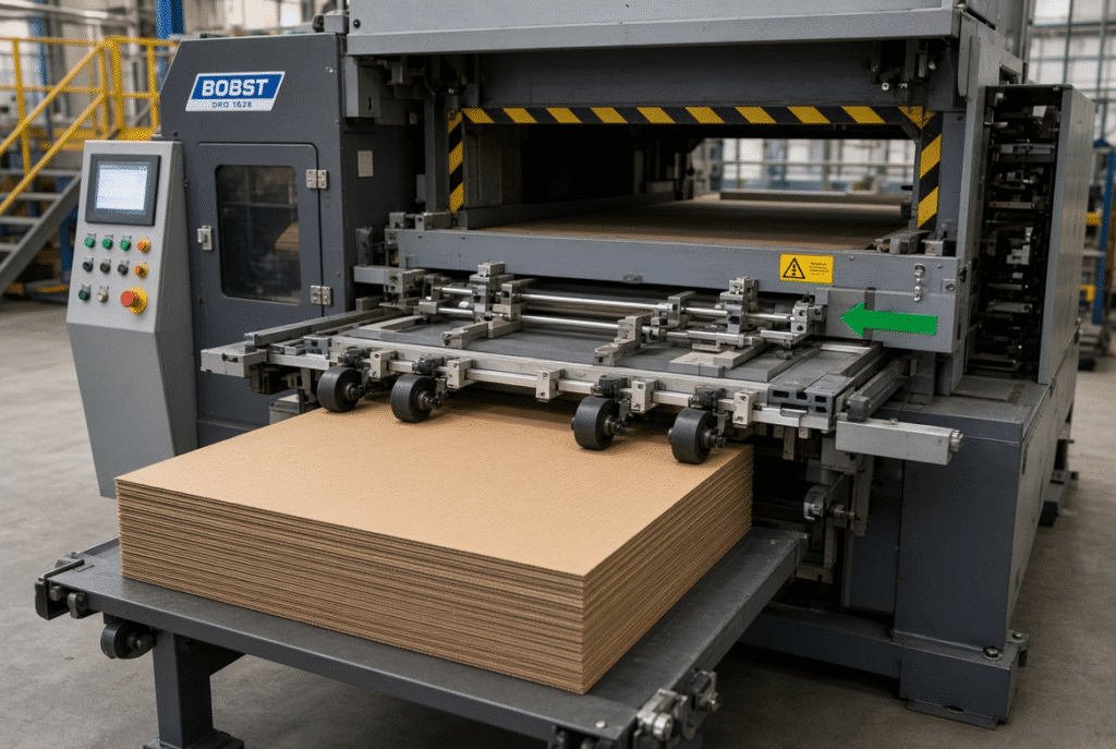 Sheet-fed flatbed die cutting machine with visible lead edge feeder handling corrugated board in a packaging production environment