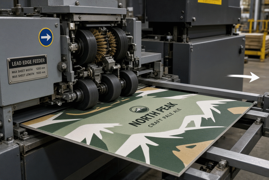 Litho-laminated corrugated sheet entering a flatbed die cutter with feed wheels, guides and support path visible