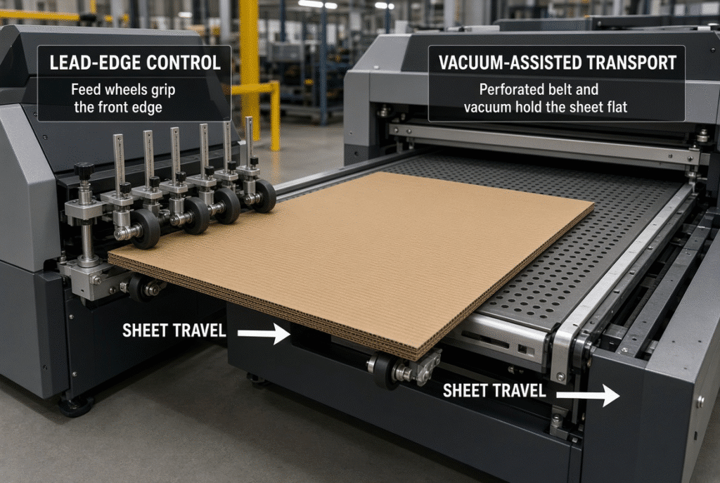 Side-by-side technical view of lead edge feed-wheel contact and bottom suction belt transport on a flatbed die cutter for corrugated sheets