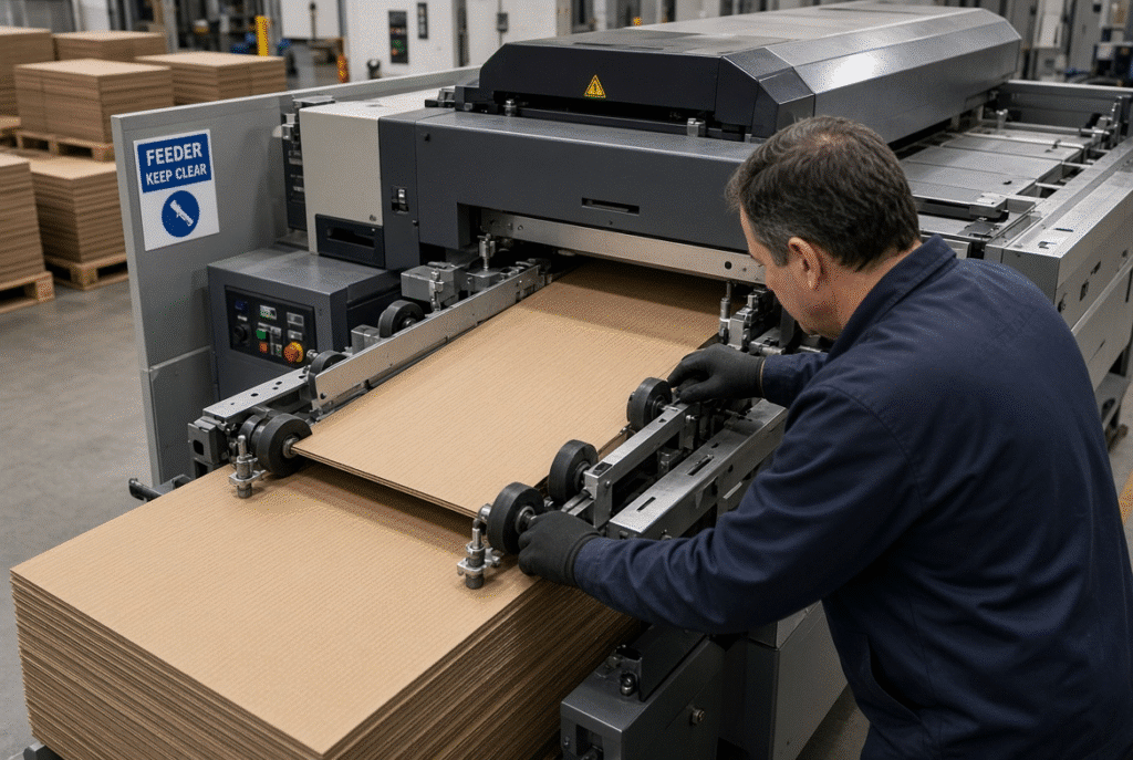 Technician diagnosing double feeding and skewed sheets on a lead edge feeder of a sheet-fed flatbed die-cutting machine