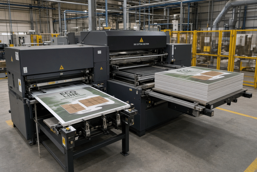 Sheet-fed flatbed die cutting machine processing litho-laminated corrugated board with printed face, lead-edge feeding and delivery stack visible