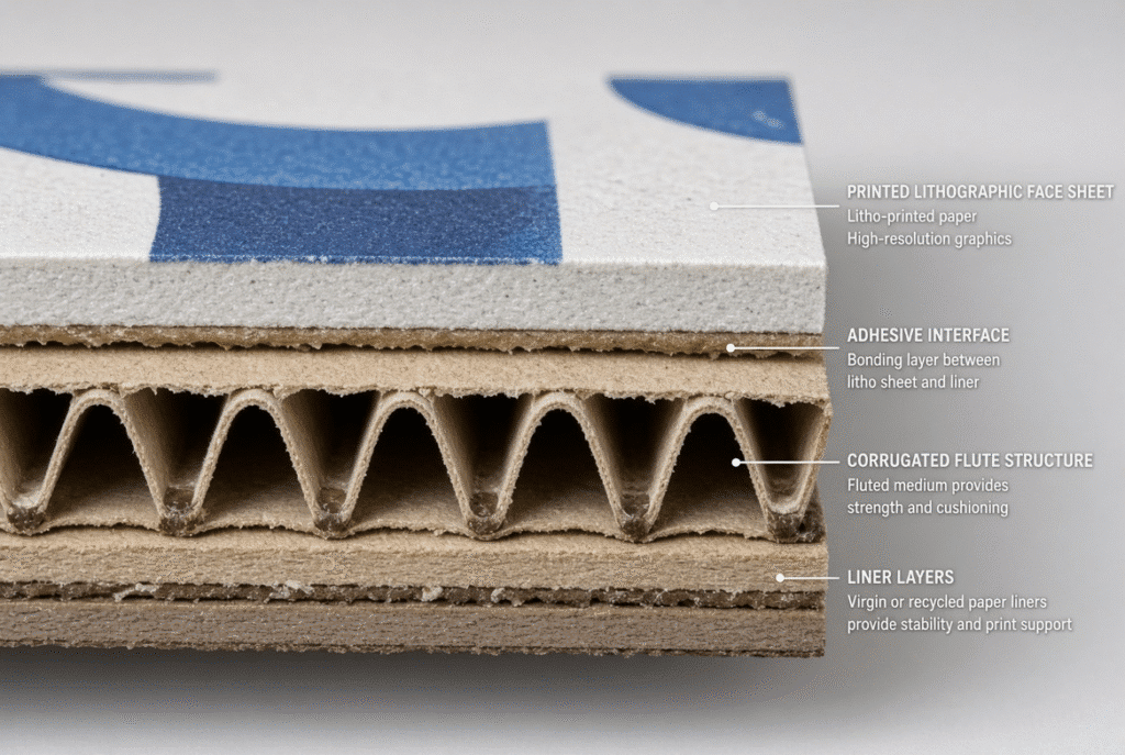 Cross-section of litho-laminated corrugated board showing printed face sheet, adhesive interface, liners and fluted base