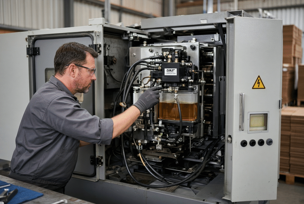 Technician inspecting automatic lubrication pump and transmission components on die cutting machine