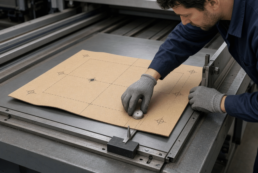 Technician measuring registration and margins on die-cut warped corrugated samples during a flatbed die cutter trial