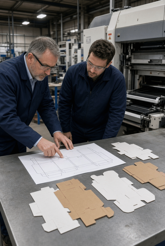 Engineer and operator reviewing dieline and inspecting die-cut printed carton blanks during automatic die cutting machine trial