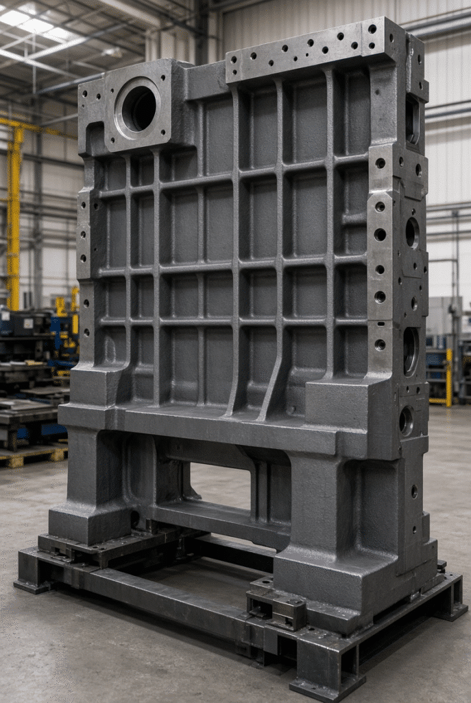 Large machined QT600-3 ductile iron machine frame or wall plate with ribbing and mounting surfaces for a flatbed die cutting machine