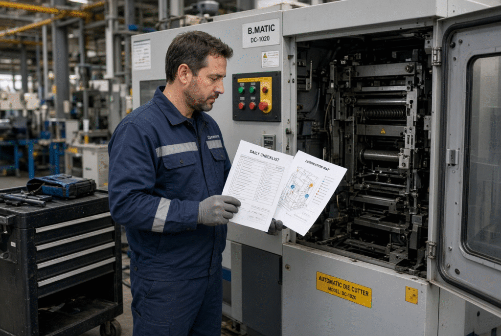 Technician reviewing maintenance checklist and lubrication map beside automatic die cutting machine
