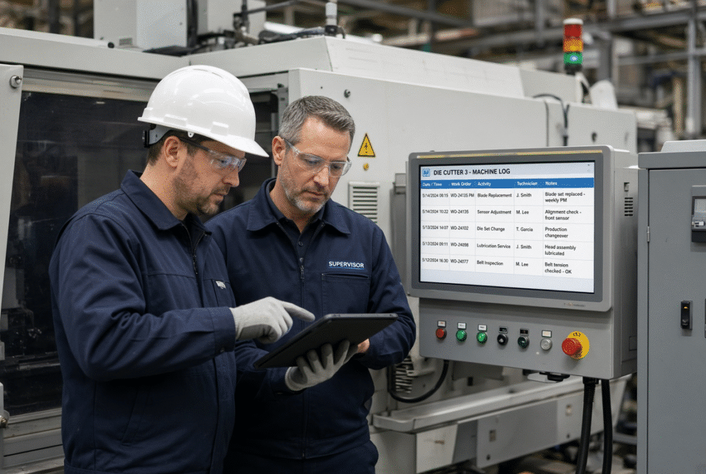Technician and supervisor reviewing machine log and organized spare parts near die cutting machine
