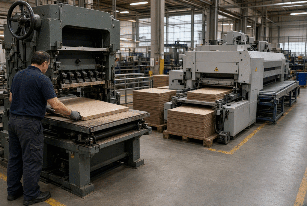 Packaging plant floor showing a manual platen press with hand feeding next to a semi-automatic flatbed die cutter with controlled feeder and delivery for workflow comparison