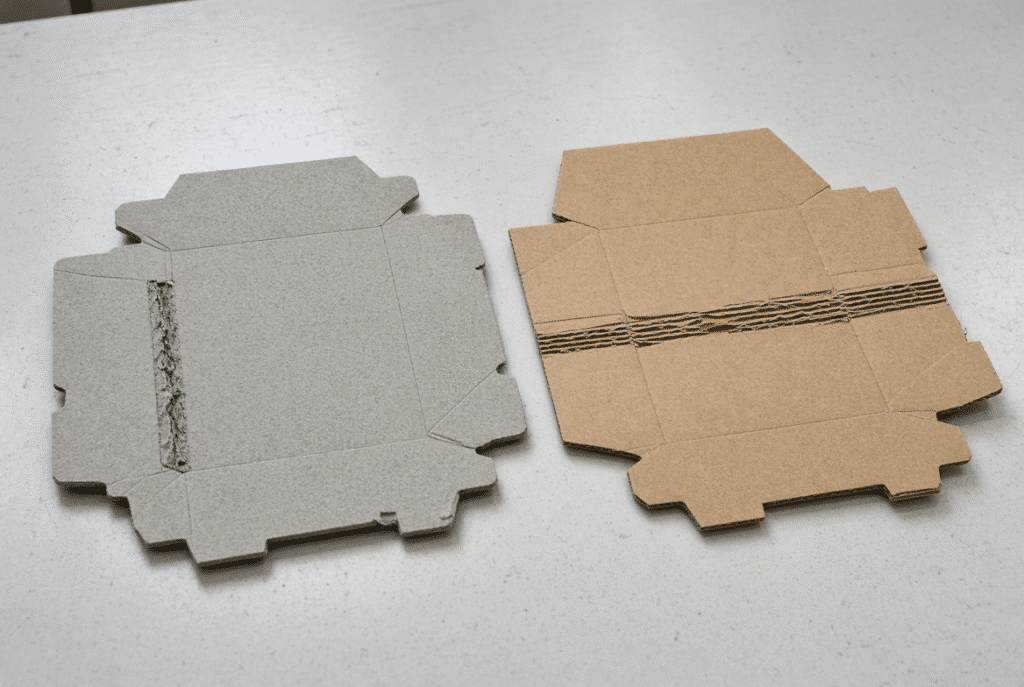 Finished grey-board and corrugated blanks showing compressed edges versus crushed flutes and flattened creases on an inspection table