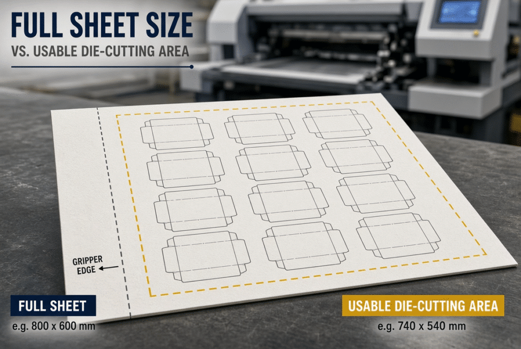 Dimensioned diagram showing full maximum sheet boundary, gripper edge, front and side registration edges and effective die-cutting area containing a folding-carton blank