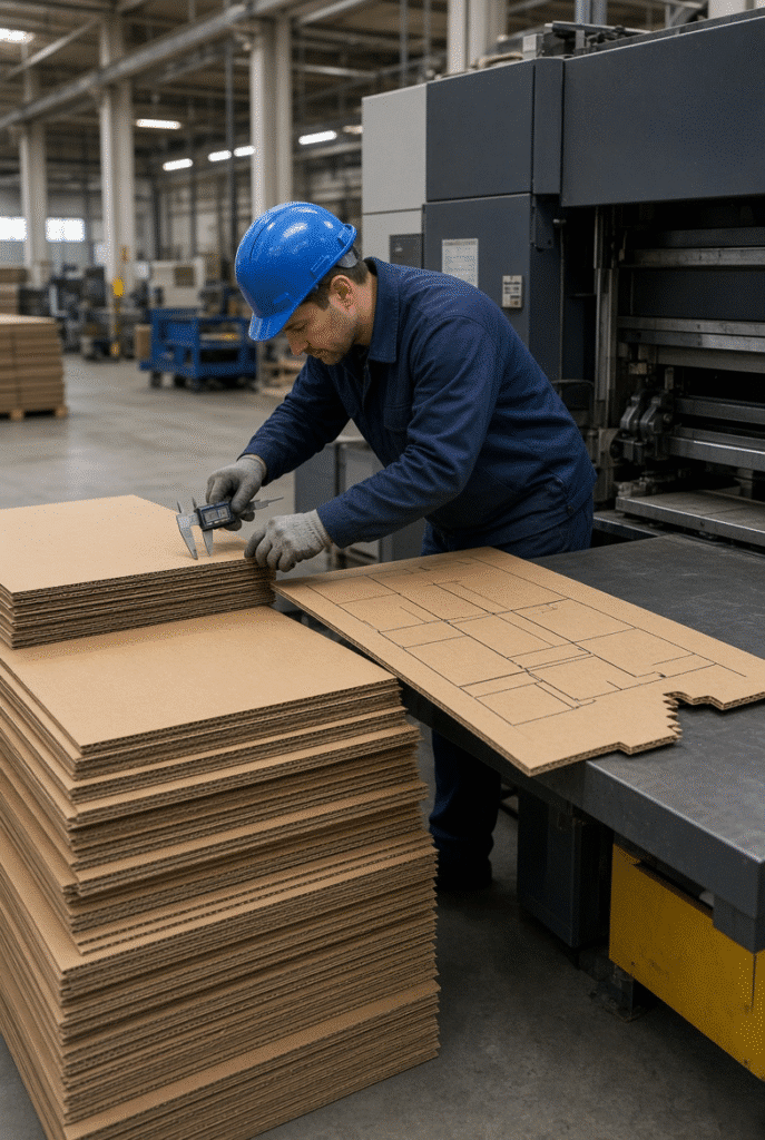 Operator measuring thickness and dimensions of large corrugated sheets next to a large-format automatic flatbed die cutting machine and die layout