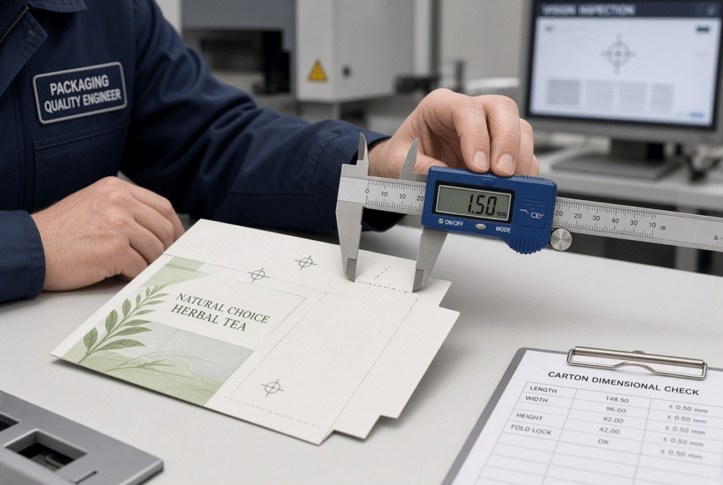 Quality engineer using calibrated tool to measure registration marks and cut edges on printed paperboard sample