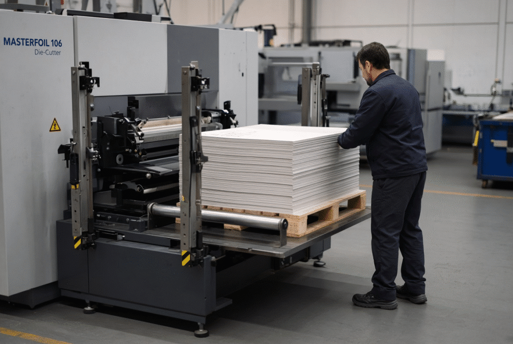 Non-stop delivery system collecting finished sheets from an automatic die cutter while operator manages the delivery pile