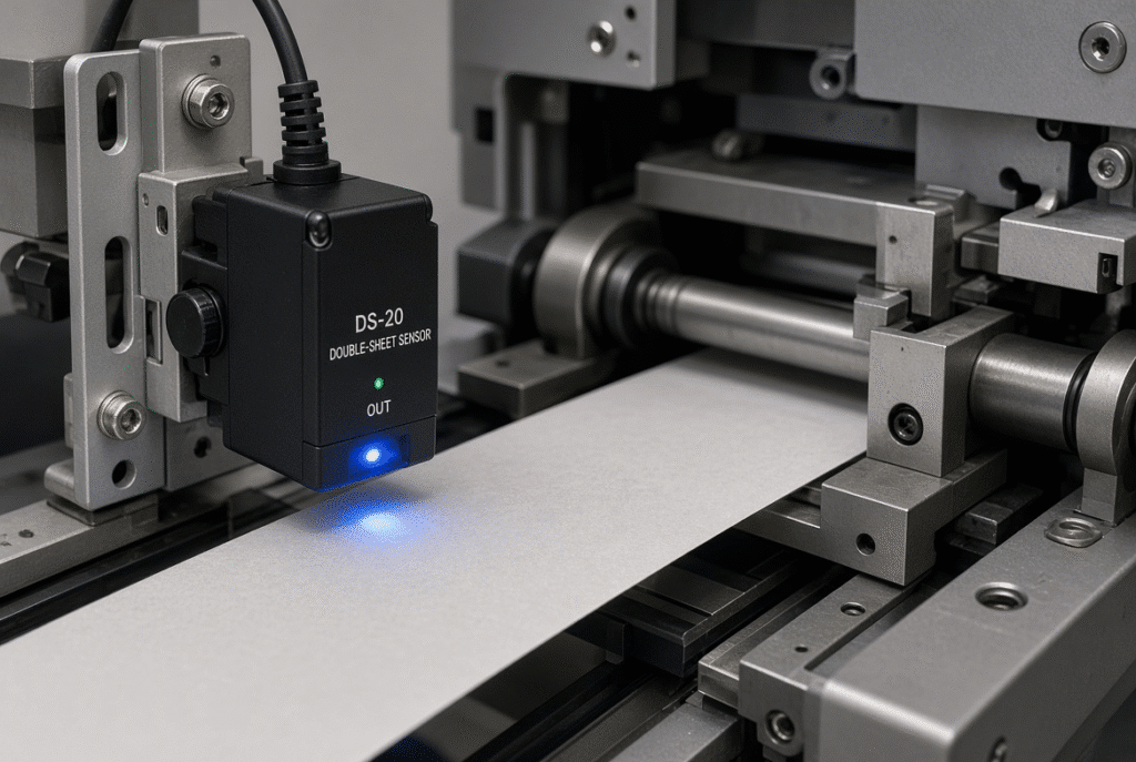 Operator reviewing HMI feeder settings and inspecting sample sheets before full-speed production on an automatic die-cutting machine