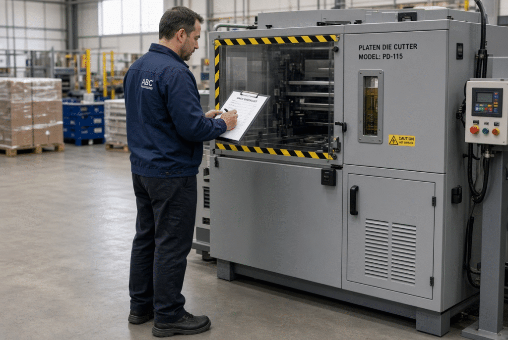 Operator standing outside guarded area of a platen die cutter, inspecting the oil-level sight glass on the reservoir while holding a maintenance clipboard