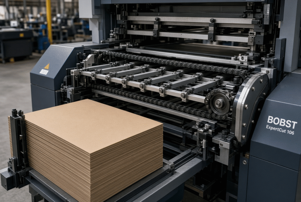 Packaging plant operator preparing a new feed pile and checking the delivery stack on a semi-automatic die cutter during a production run