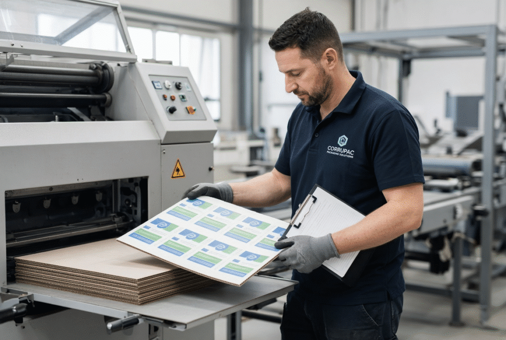 Operator examining printed corrugated board samples for surface marks and registration during a controlled machine trial