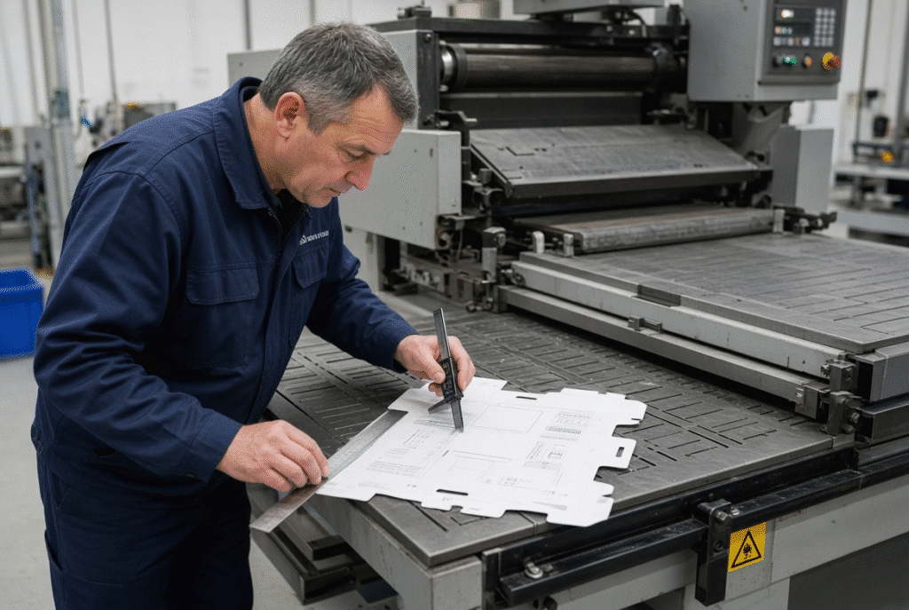 Production operator checking cut and crease quality on a sample carton blank at a flatbed die-cutting machine