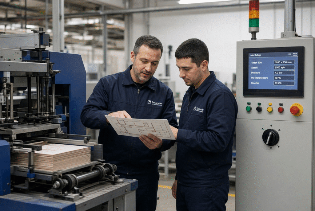 Operator and trainer adjusting feeder settings and reviewing samples on an automatic platen die-cutting machine