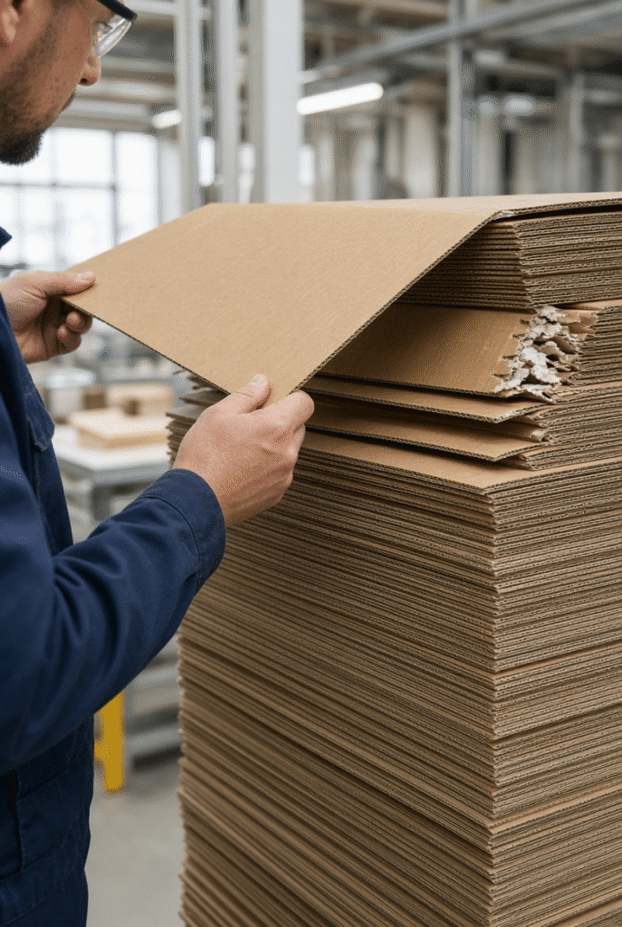 Operator checking warped corrugated board and damaged edges before feeding on a flatbed die cutter